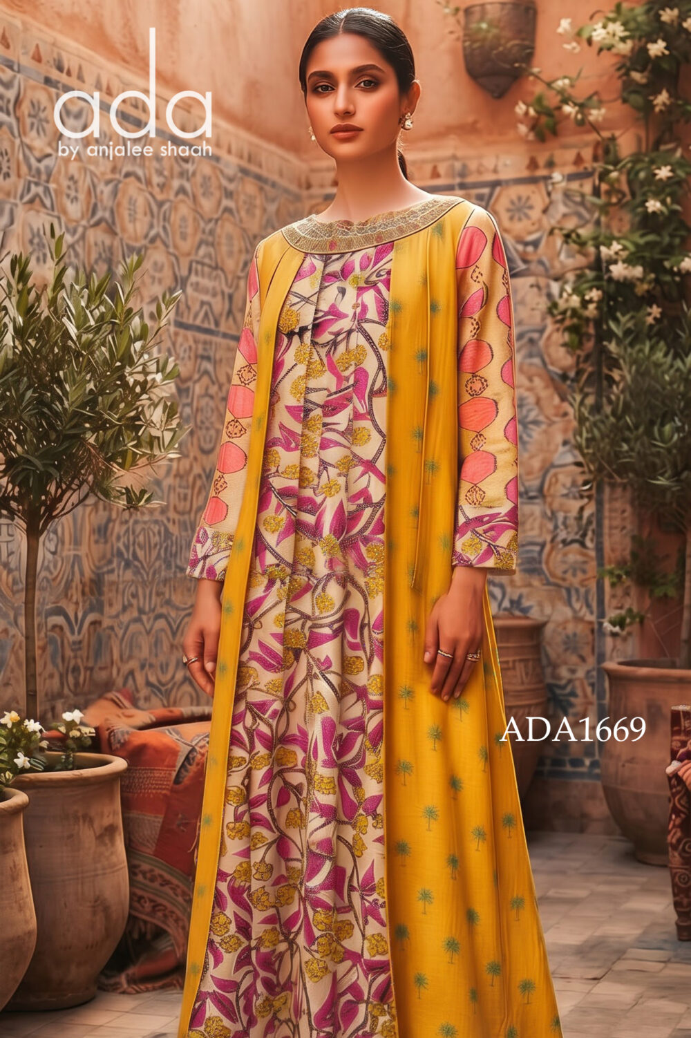 Mustard Palm Print Floral Kaftan