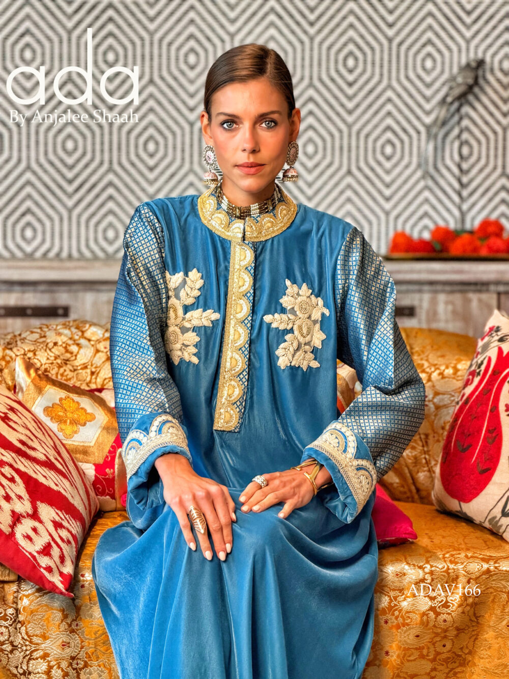 Azure Gilded Leaf Velvet Kaftan